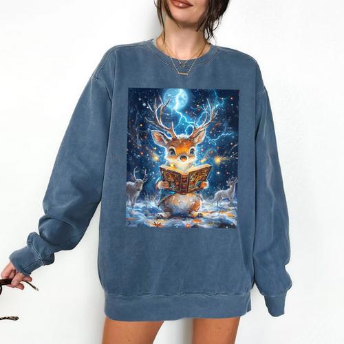 Deer Reads Book Women Girls Reindeer Comfort Colors Sweatshirt - Bookorys DE