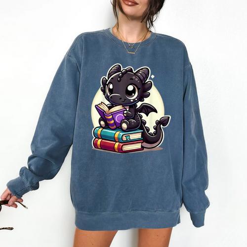 Dragon Reading A Book Cute Bookworm Book Lover Comfort Colors Sweatshirt - Bookorys AU