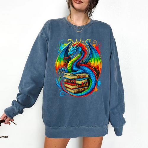 Dragon Reading Colorful Fantasy Book Lover Comfort Colors Sweatshirt - Bookorys AU