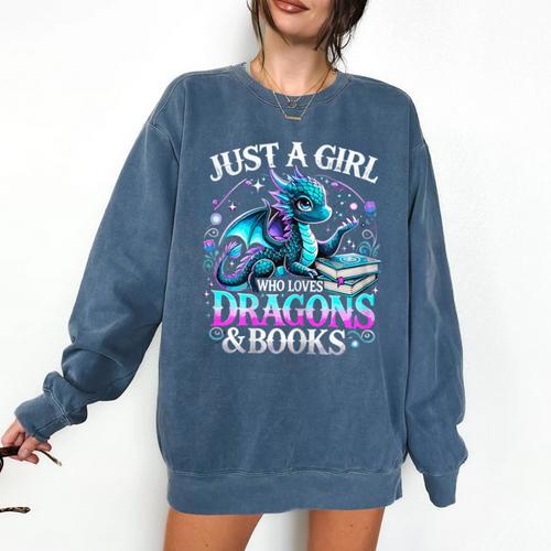 Dragon Reading Just A Girl Who Loves Dragons And Books Comfort Colors Sweatshirt - Bookorys