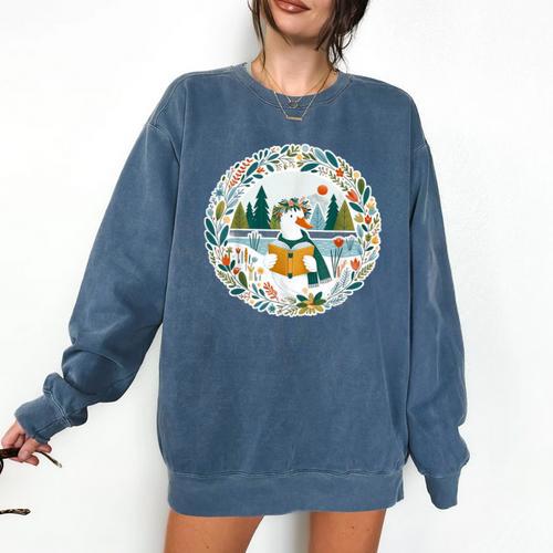 Duck Wilderness Book Reading Illustration Floral Comfort Colors Sweatshirt - Bookorys