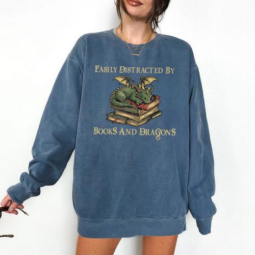 Easily Distracted By Books And Dragons Graphic Comfort Colors Sweatshirt - Bookorys