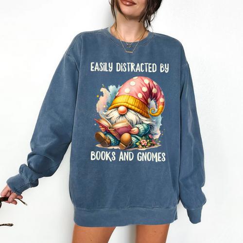 Easily Distracted By Books And Gnomes Book Reading Gnome Comfort Colors Sweatshirt - Bookorys
