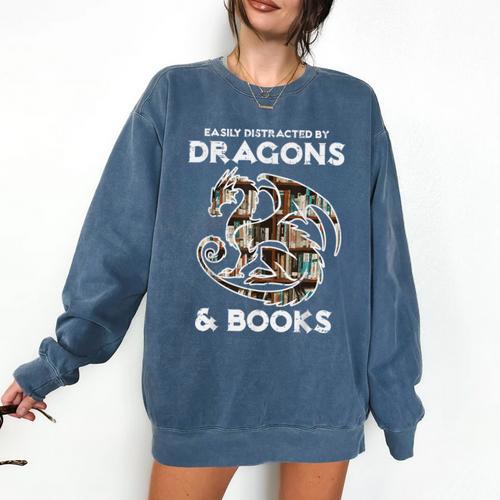 Easily Distracted By Dragons Books Bookworm Women Men Kids Comfort Colors Sweatshirt - Bookorys UK
