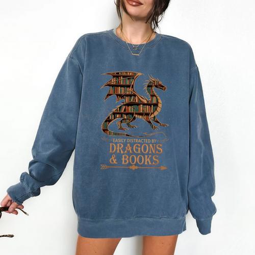 Easily Distracted By Dragons And Books Library Dragon Lover Comfort Colors Sweatshirt - Bookorys