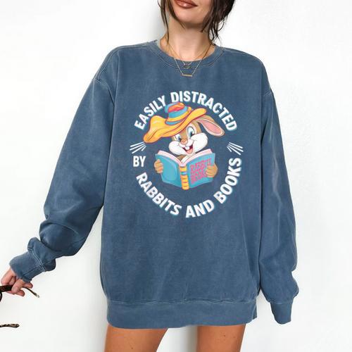 Easily Distracted By Rabbits And Books Reading Comfort Colors Sweatshirt - Bookorys DE