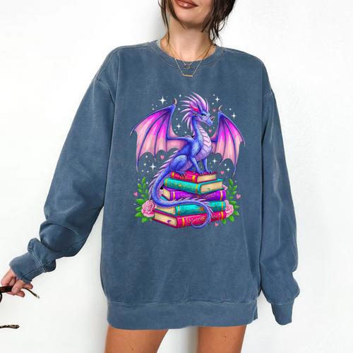Fantasy Dragon Reading Books Bookworm Comfort Colors Sweatshirt - Bookorys