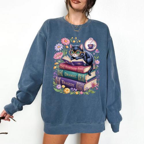Fantasy Drama Tragedy Cute Cat Book Lover Readers Librarians Comfort Colors Sweatshirt - Bookorys