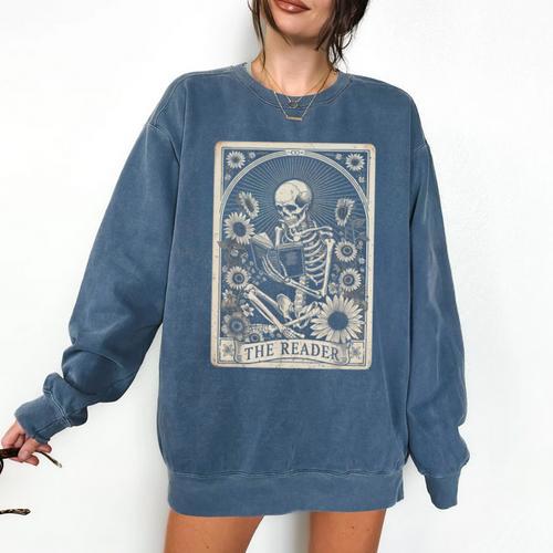 Floral The Reader Tarot Card Skeleton Reading Book Comfort Colors Sweatshirt - Bookorys