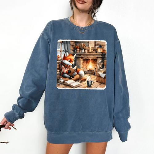 Fox Reads By Fireplace In Cabin Rustic Book Cozy Cup Tea Comfort Colors Sweatshirt - Bookorys UK