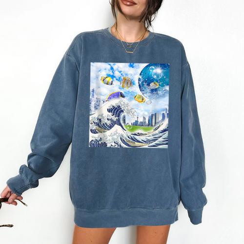 Frutiger Aero Aesthetic Tech Great Wave Of Kanagawa Fishes Comfort Colors Sweatshirt - Figerry