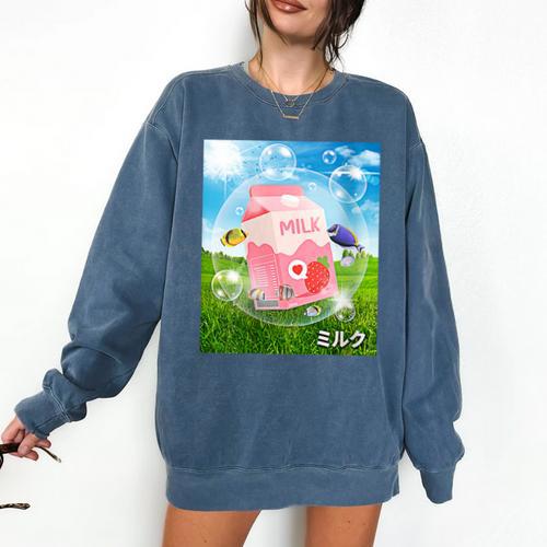 Frutiger Aero Aesthetic Tech Kawaii Strawberry Milk Fishes Comfort Colors Sweatshirt - Figerry