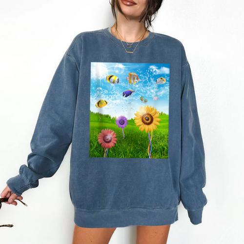 Frutiger Aero Aesthetic Tech Scenery Fishes Sunflower Comfort Colors Sweatshirt - Figerry
