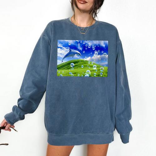 Frutiger Aero Dolphin Meadow Aesthetic Y2k 2000s Ironic Comfort Colors Sweatshirt - Figerry