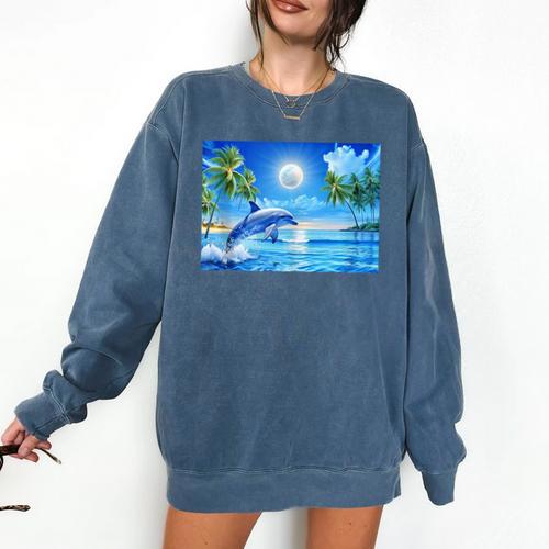Frutiger Aero Dolphin Sunset Ocean With Palm Trees Y2k Comfort Colors Sweatshirt - Figerry