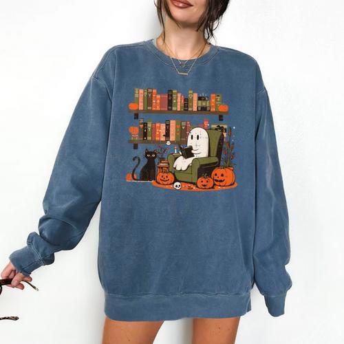 Ghost Library Reading Books Halloween Men Women Kids Comfort Colors Sweatshirt - Bookorys AU