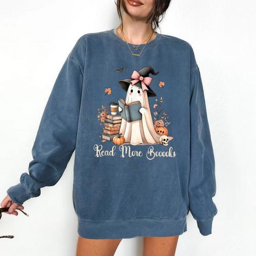 Ghost Reading Book Coquette Bow Halloween Girl Kid Teacher Comfort Colors Sweatshirt - Bookorys