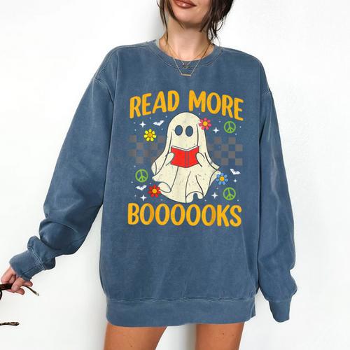 Ghost Reading Books Teacher Student Halloween Read More Book Comfort Colors Sweatshirt - Bookorys