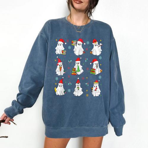 Ghosts Wearing Santa Hats Reading Books Christmas Book Lover Comfort Colors Sweatshirt - Bookorys