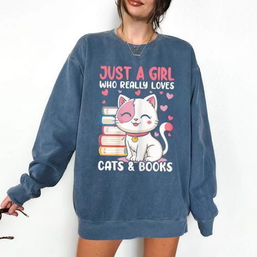 Girl Who Loves Cats And Books Cute Comfort Colors Sweatshirt - Bookorys AU