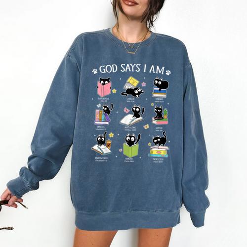 God Says I Am Cat Book Lover Christian Cute Jesus Girls Kids Comfort Colors Sweatshirt - Bookorys CA