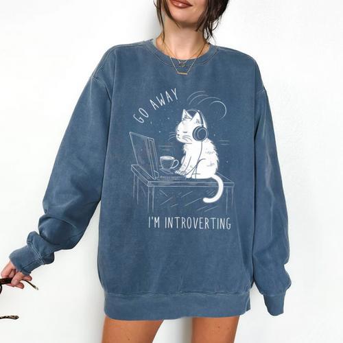 Introvert Cat With Coffee On Computer Antisocial Emo Goth Comfort Colors Sweatshirt - Raresse