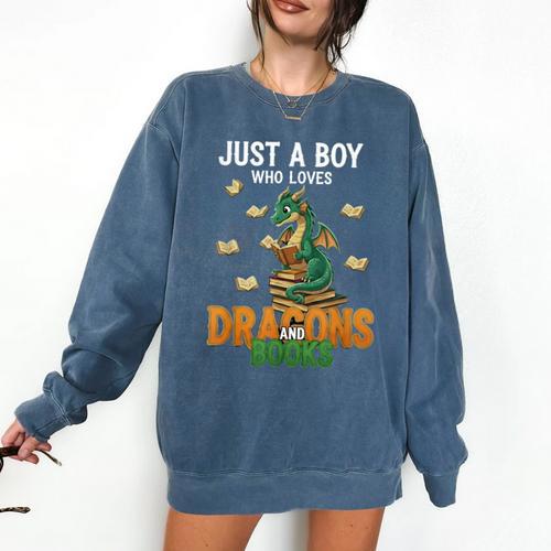 Just a Boy Who Loves Dragons And Books Reading Dragon Comfort Colors Sweatshirt - Bookorys CA