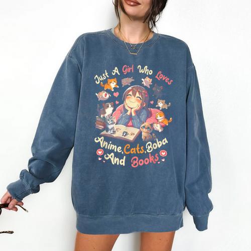 Just Girl Who Loves Anime Cats Boba And Books Bubble Tea Comfort Colors Sweatshirt - Bookorys DE