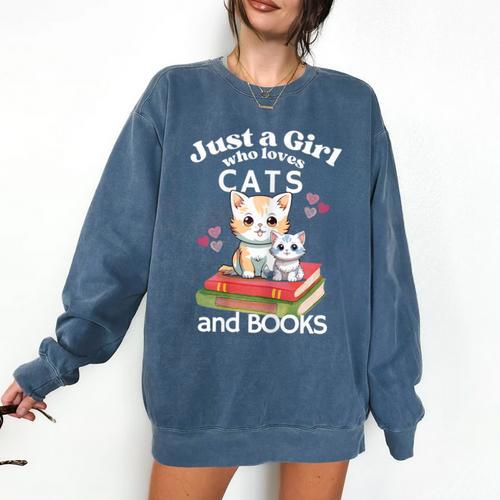 Just A Girl That Loves Cats And Books Cute Cat & Bookwork Comfort Colors Sweatshirt - Bookorys