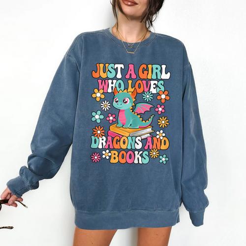 Just A Girl Who Loves Dragons And Books Reading Bookworm Comfort Colors Sweatshirt - Bookorys