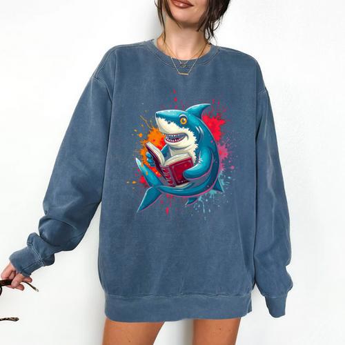 Kawaii Shark Reads Book Reading Library Book Bookworm Comfort Colors Sweatshirt - Bookorys