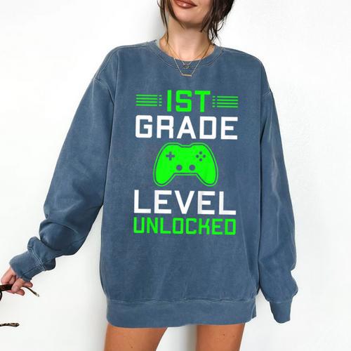 Kids 1st Grade Level Unlocked Back To School Gamer Graduation Comfort Colors Sweatshirt - Best Gift Smart