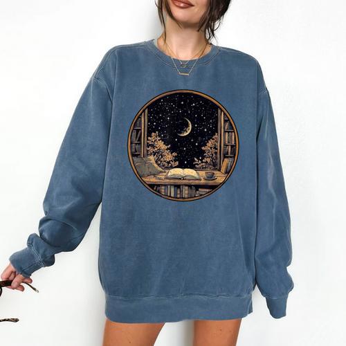 Moon Book Bookshelf Library Coffee Cup Star Stars Pattern Comfort Colors Sweatshirt - Bookorys AU