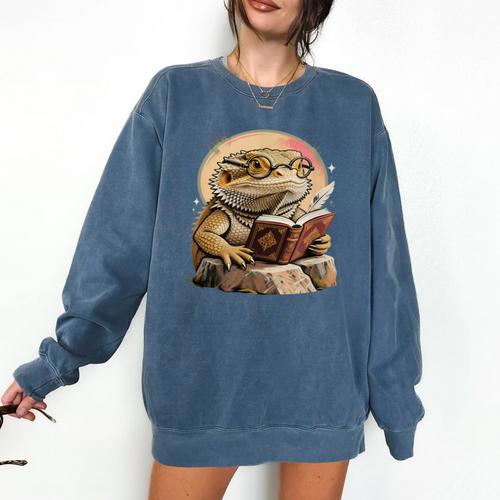 Nerdy Bearded Dragon Glasses Book Reading Comfort Colors Sweatshirt - Bookorys AU