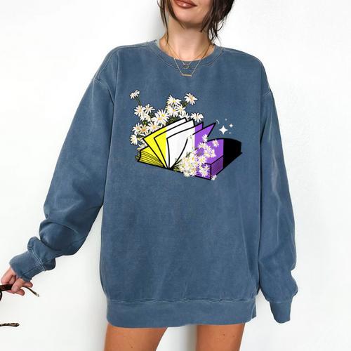 Non-Binary Book Lover Nonbinary Daisy LGBT Reading Pride Comfort Colors Sweatshirt - Bookorys