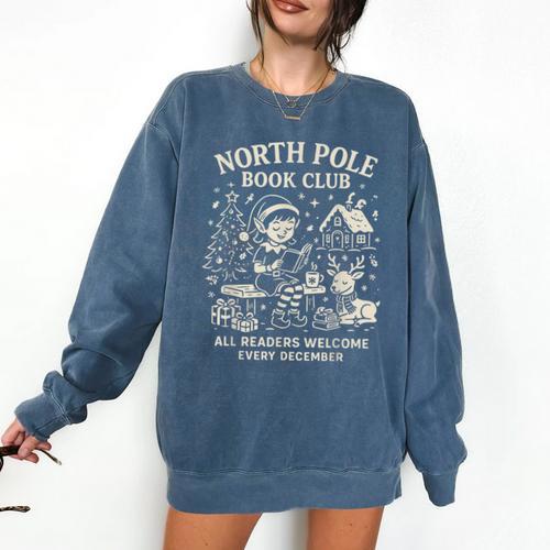 North Pole Book Club Christmas Elf Bookish Retro Graphic Comfort Colors Sweatshirt - Bookorys