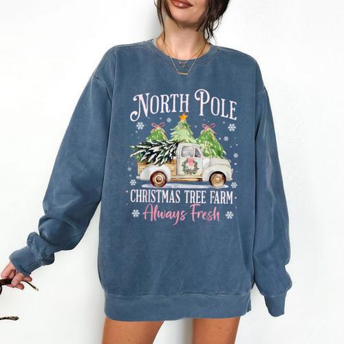 North Pole Tree Farm Merry Christmas Holiday Scene Nostalgia Comfort Colors Sweatshirt - Figerry