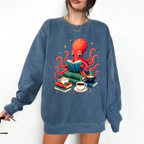 Octopus Reading Books Tea Coffee Comfort Colors Sweatshirt - Bookorys DE