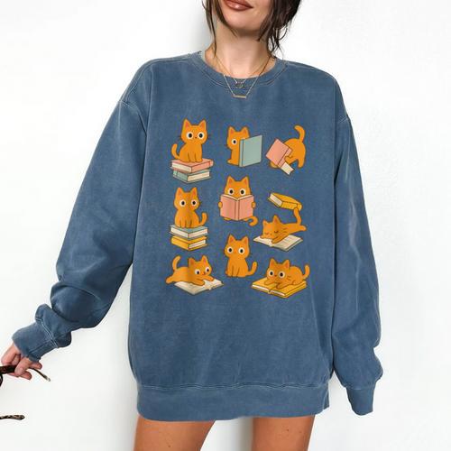 Orange Cats Reading Books Cat Lover Comfort Colors Sweatshirt - Bookorys AU