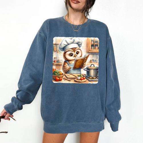 Owl Learning To Cook With Cookbook Chef Apron Stove Cooking Comfort Colors Sweatshirt - Bookorys DE