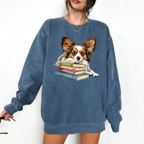 Papillon Books Reading Dog Breed Graphic For Men Women Kids Comfort Colors Sweatshirt - Bookorys