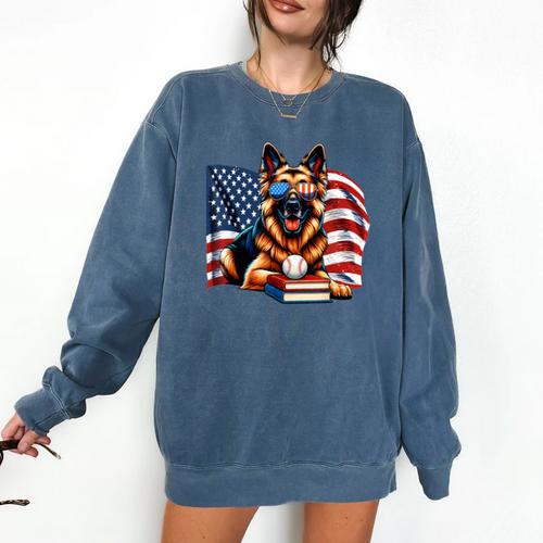 Patriotic German Shepherd Dog Books Baseball American Flag Comfort Colors Sweatshirt - Bookorys DE