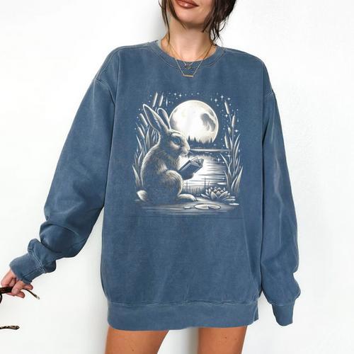 Rabbit Reading Book Full Moon Lake Scenery Comfort Colors Sweatshirt - Bookorys DE
