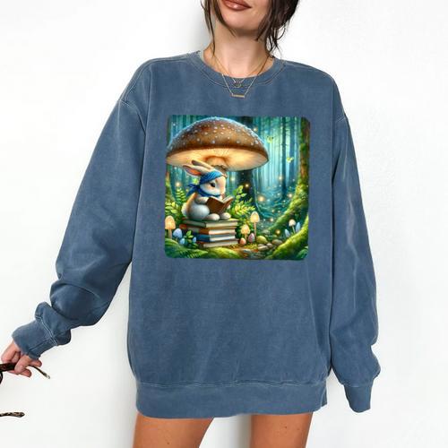 Rabbit Reading Book Under Large Mushroom Easter Bandana Comfort Colors Sweatshirt - Bookorys DE