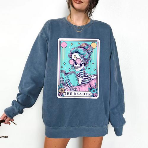 The Reader Retro Reading Skeleton Books Flowers Tarot Card Comfort Colors Sweatshirt - Bookorys