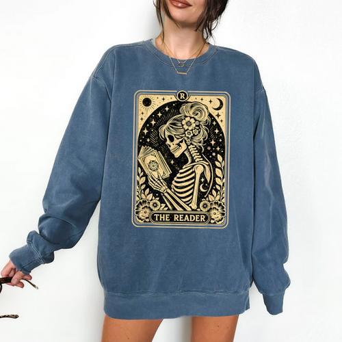 The Reader Tarot Card Book Lover Skeleton Reading Book Comfort Colors Sweatshirt - Bookorys