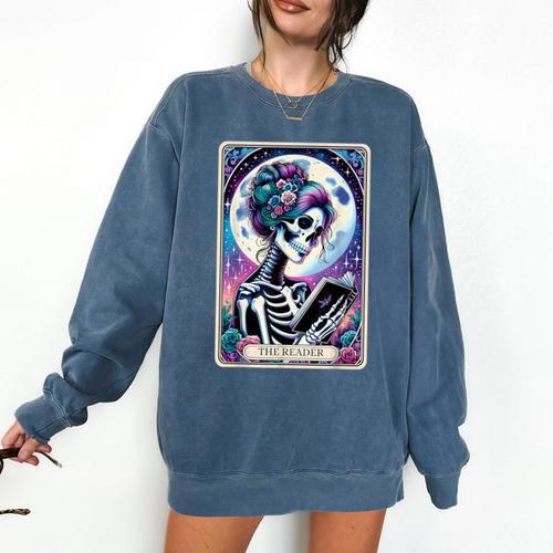The Reader Tarot Card Reading Skeleton Skull Book Lover Comfort Colors Sweatshirt - Bookorys