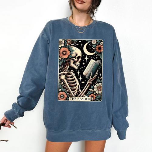 The Reader Tarot Card Skeleton Reading Book Bookworm Bookish Comfort Colors Sweatshirt - Bookorys CA