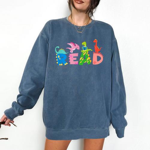 Reading Dinosaur T Rex Dino Book Lover Comfort Colors Sweatshirt - Bookorys DE
