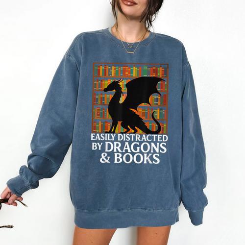 Reading Dragon Easily Distracted By Dragons And Books Comfort Colors Sweatshirt - Bookorys